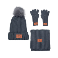 Leeman Three Piece Rib Knit Fur Pom Winter Set