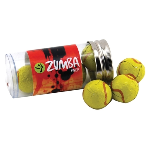 Main photo of Chocolate Tennis Balls In A 3 " Plastic Tube With Metal Cap