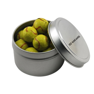 Photo of Round Metal Tin With Lid And Chocolate Tennis Balls