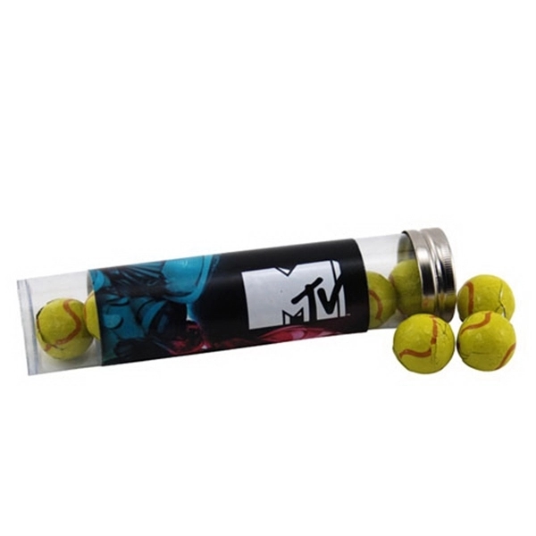 Clear color option for Chocolate Tennis Balls In A 6 " Plastic Tube With Metal Cap