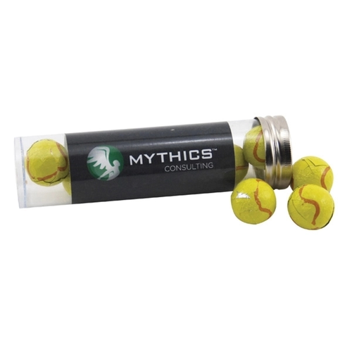Main photo of Chocolate Tennis Balls In A 5 " Plastic Tube With Metal Cap