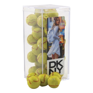 Photo of Chocolate Tennis Balls In A Clear Acrylic Square Tall Box