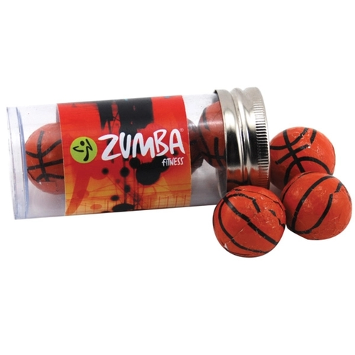 Main photo of Chocolate Basketballs In A 3 " Plastic Tube With Metal Cap