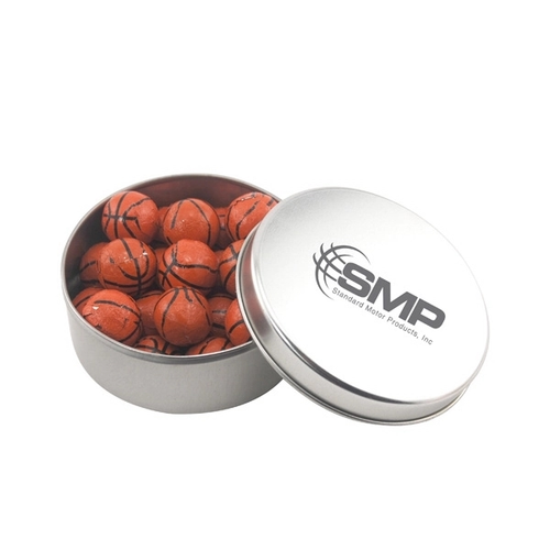 Main photo of Large Round Metal Tin With Lid And Chocolate Basketballs