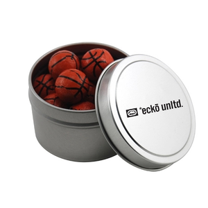 Photo of Round Metal Tin With Lid And Chocolate Basketballs