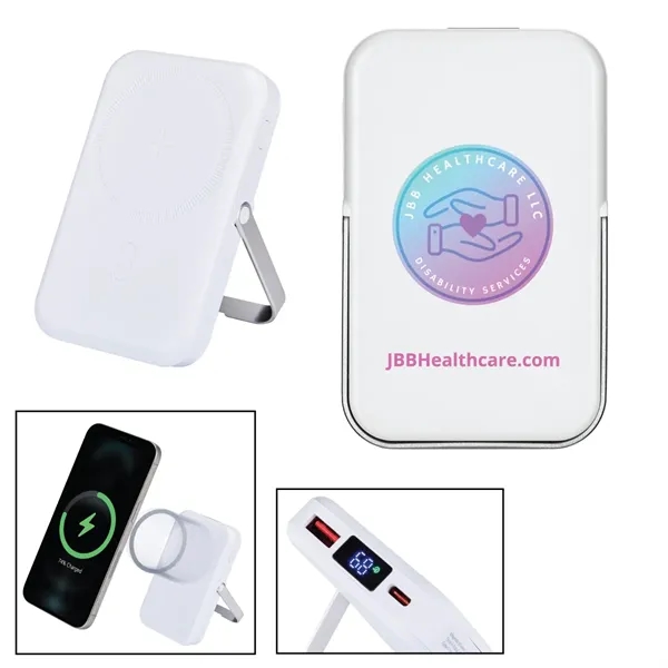 White color option for Mag Safe Compatible 5000 M Ah Magnetic Power Bank W/Stand