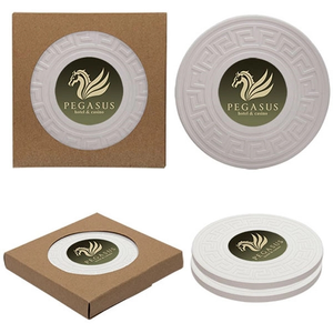 Photo of Round Greek Key Absorbent Stone Coaster Duo