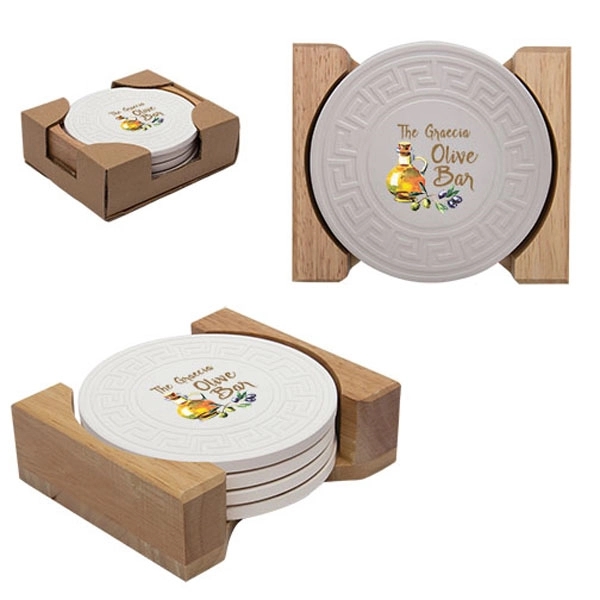 Natural Cream color option for Round Greek Key Absorbent Stone Coaster Set