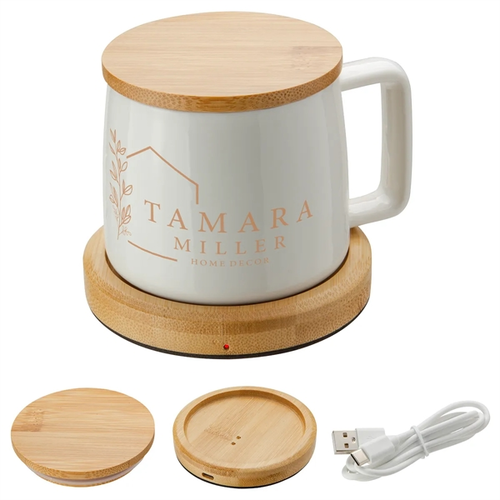 Photo of Bamboo Mug Warmer With 8 Oz Ceramic Mug