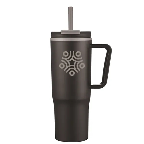 Main photo of 30oz Double Wall Plastic Travel Mug With Handle & Straw