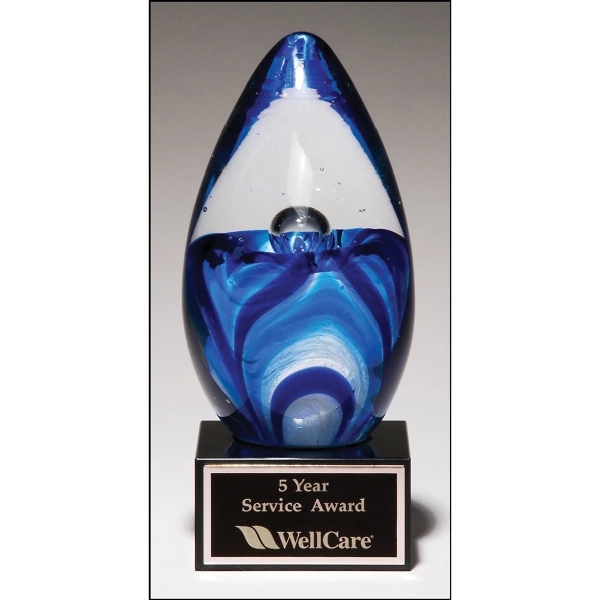 Blue-Clear-Black color option for Art Glass Egg On Black Glass Base 4.75 X 6.5