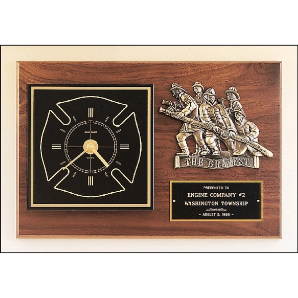Walnut color option for Fireman Award Clock With Antique Bronze Finish Casting