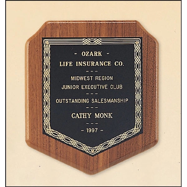 Walnut Brown-Black color option for Walnut Shield Plaque With A Black Brass Plate. 7x8