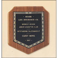 Walnut Shield Plaque With A Black Brass Plate. 7x8