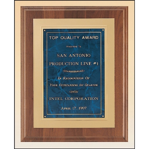 Walnut-Sapphire Blue-Gold color option for Walnut Plaque With Gold Embossed Frame 12x15 Sapphire