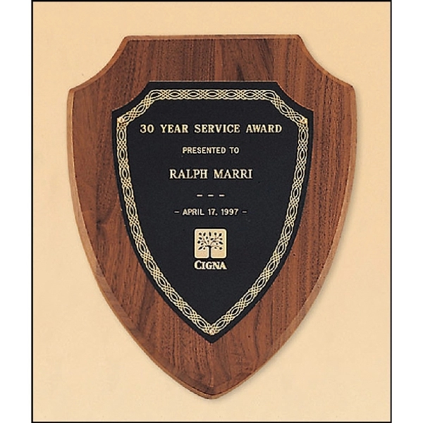 Walnut-Black color option for Walnut Shield Plaque With A Black Brass Plate 10x12