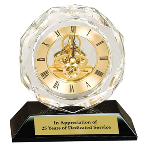 Photo of 5 3/4" Clear Crystal Clock On Black Pedestal Base