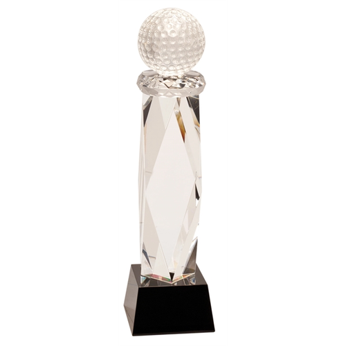 Main photo of 10 3/4" Clear Crystal Golf Ball On Facet Column W/Black Base