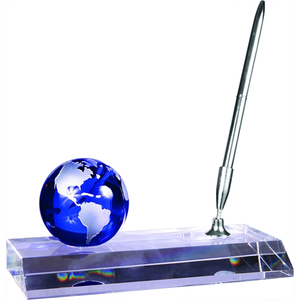 Photo of 3" Blue Crystal Globe With Base And Pen