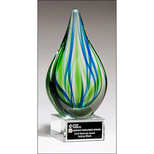 Clear-Blue-Green color option for Droplet Shaped Art Glass Award With Clear Glass Base