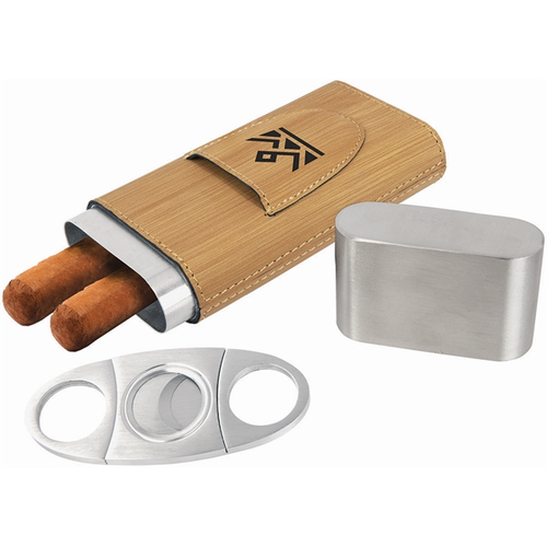 Main photo of Bamboo Laser Engraved Leatherette Cigar Case With Cutter