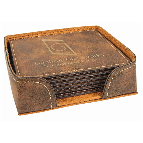 Main photo of 4x4" Square Rustic/Gold Leatherette Coaster Set