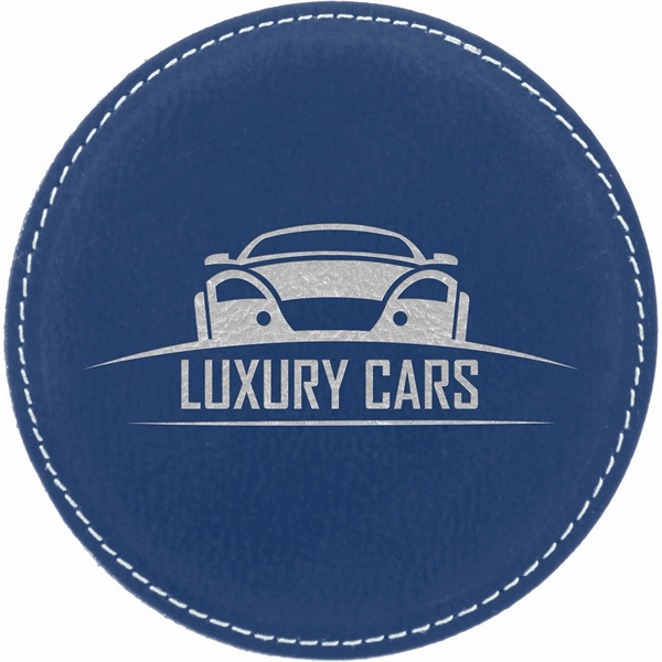 Blue/Silver color option for 4" Round Blue/Silver Laser Engraved Leatherette Coaster