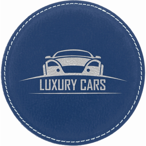 Photo of 4" Round Blue/Silver Laser Engraved Leatherette Coaster