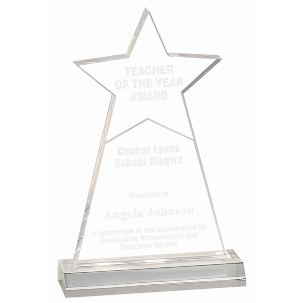 Clear color option for 4 3/4" X 8" Clear Star Obelisk Acrylic W/ 5 3/4" Inch Base