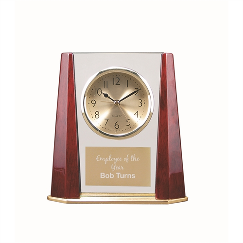 Main photo of 7" Glass Desk Clock With Rosewood Finish Bevel Columns