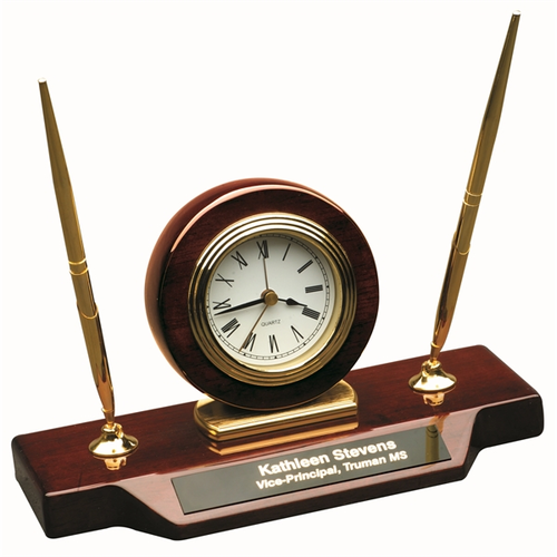 Main photo of 9" X 4 3/4" Piano Finish Desk Clock On Base W/ 2 Pens