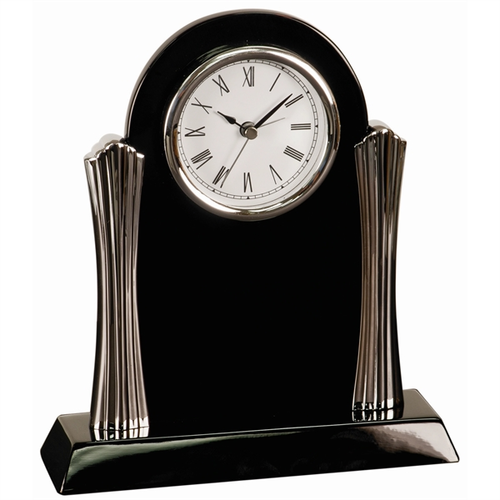 Main photo of 8 1/4" X 7 1/2" Black Piano Finish Clock With Silver Columns