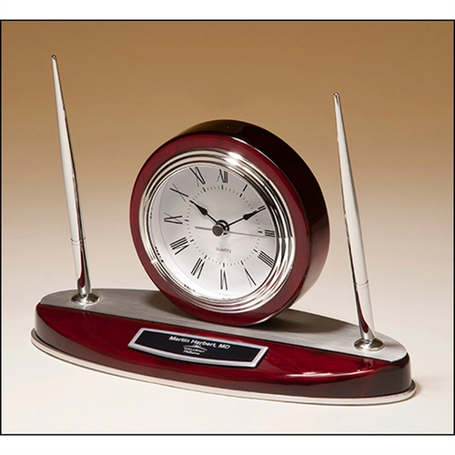 Main photo of Rosewood Desk Clock & Pen Set With Silver Accents
