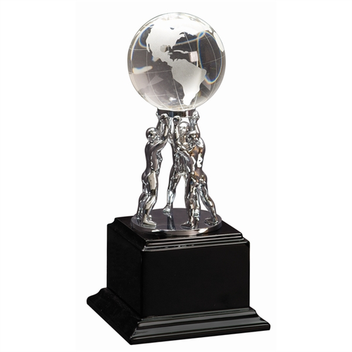 Main photo of 10" Clear Crystal Globe With Silver Men/Stand On Black Base