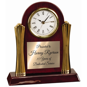 Photo of 8 1/4" X 7 1/2" Rosewood Piano Finish Clock W/ Gold Columns