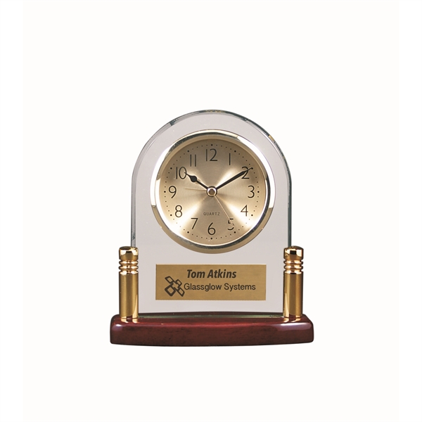 Clear-Rosewood color option for Arch Glass Desk Clock W/ Metal Posts & Rosewood Finish