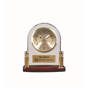 Photo of Arch Glass Desk Clock W/ Metal Posts & Rosewood Finish