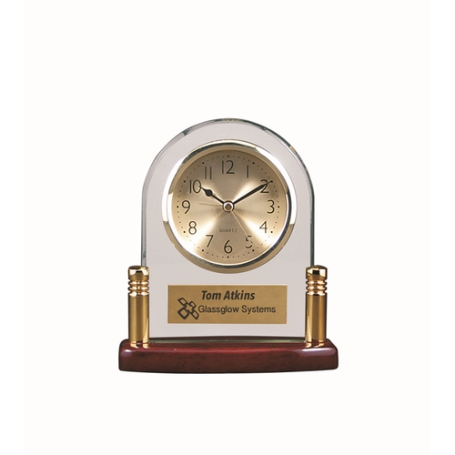 Main photo of Arch Glass Desk Clock W/ Metal Posts & Rosewood Finish