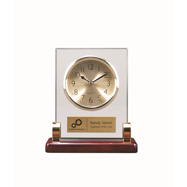 Clear-Rosewood color option for Rectangle Glass Desk Clock W/ Metal Posts & Rosewood Finish