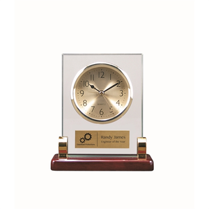 Photo of Rectangle Glass Desk Clock W/ Metal Posts & Rosewood Finish