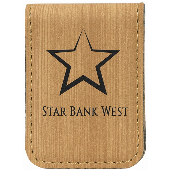 Brown color option for 1 3/4" X 2 1/2" Bamboo Laser Engraved Leatherette Money Clip
