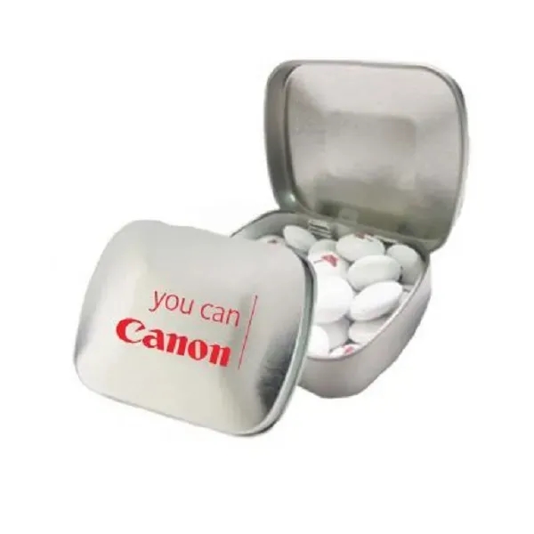 Silver color option for Domed Tin Filled With Personalized Chocolate Buttons