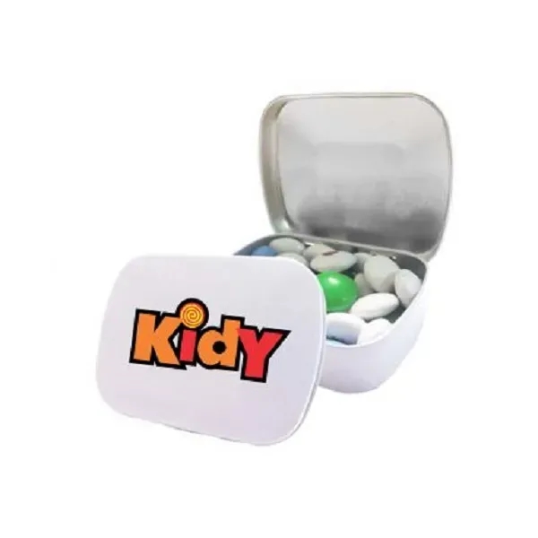 White color option for Domed Tin Filled With Personalized Chocolate Buttons