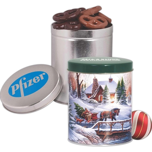 Photo of One Quart Tin With Mini Dark And Milk Chocolate Pretzels