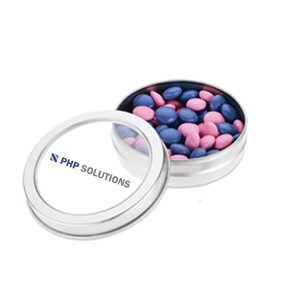 Photo of Top View Imprinted Window Tin Full With Chocolate Buttons