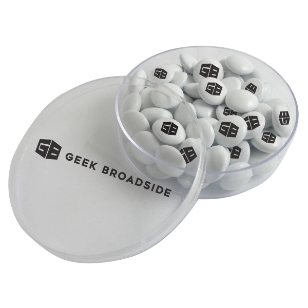 Clear color option for Small Round Acrylic Filled With Imprinted Chocolate Buttons