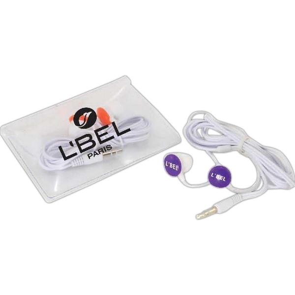 Purple color option for Button Style Earbuds In A Plastic Pouch