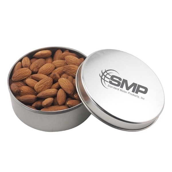 Silver color option for Large Round Metal Tin With Lid And Almonds