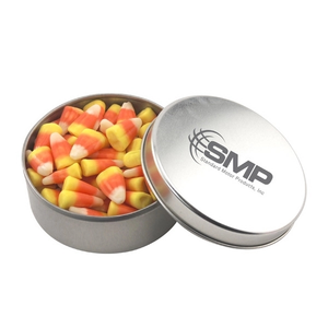 Photo of Large Round Metal Tin With Lid And Candy Corn