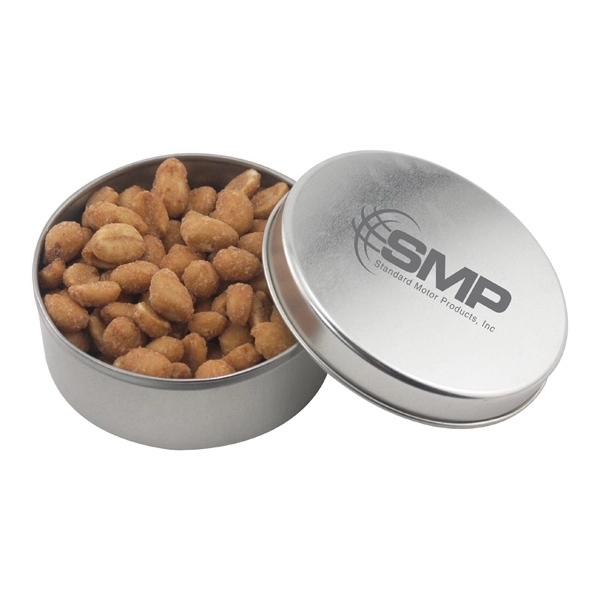 Silver color option for Large Round Metal Tin With Lid And Honey Roasted Peanuts